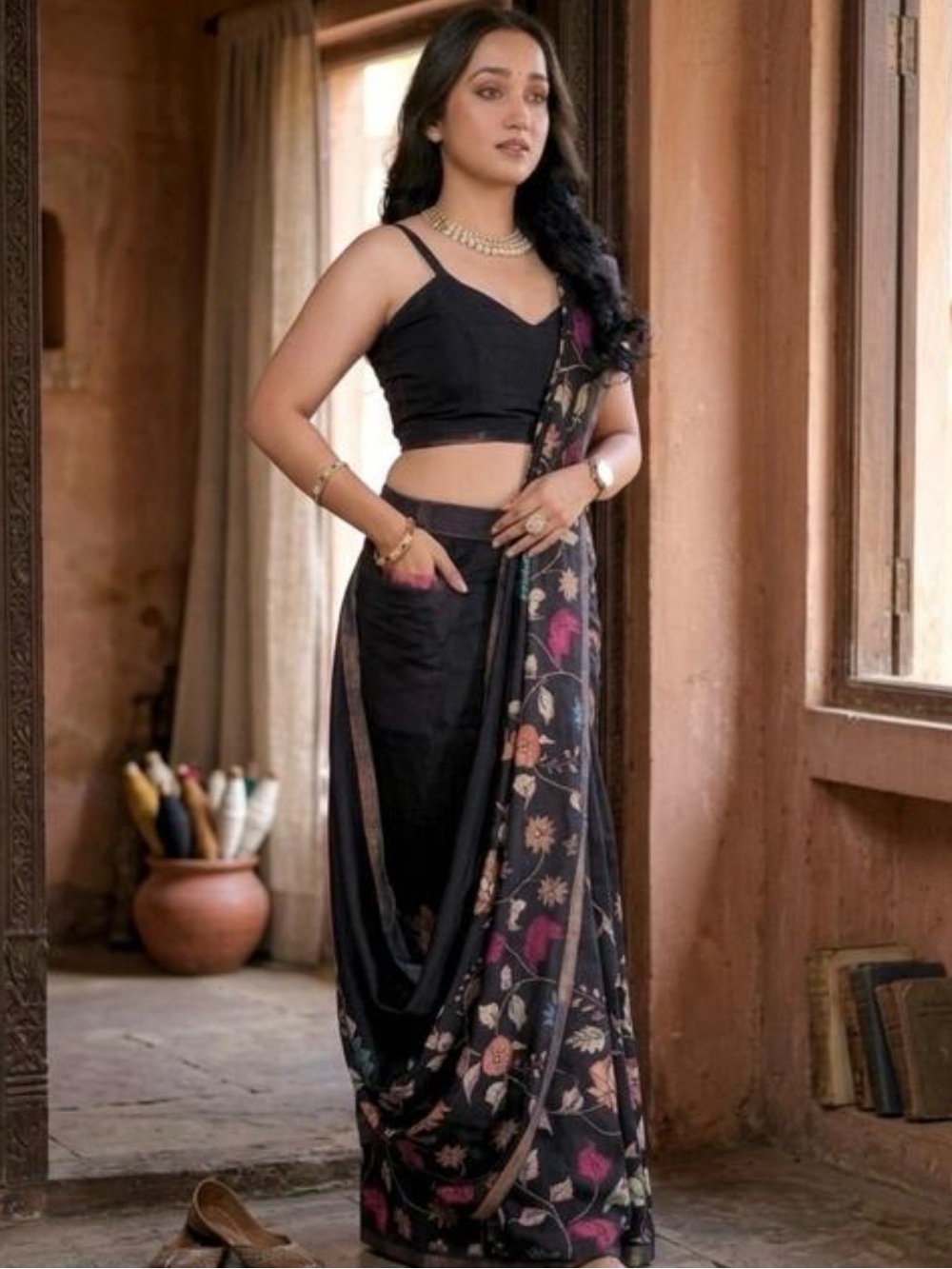 New Black Floral Lenin ready to wear saree.